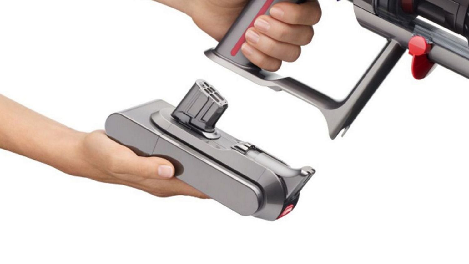 A close-up of the Dyson V12 Detect Slim clickable battery being attached to the machine.